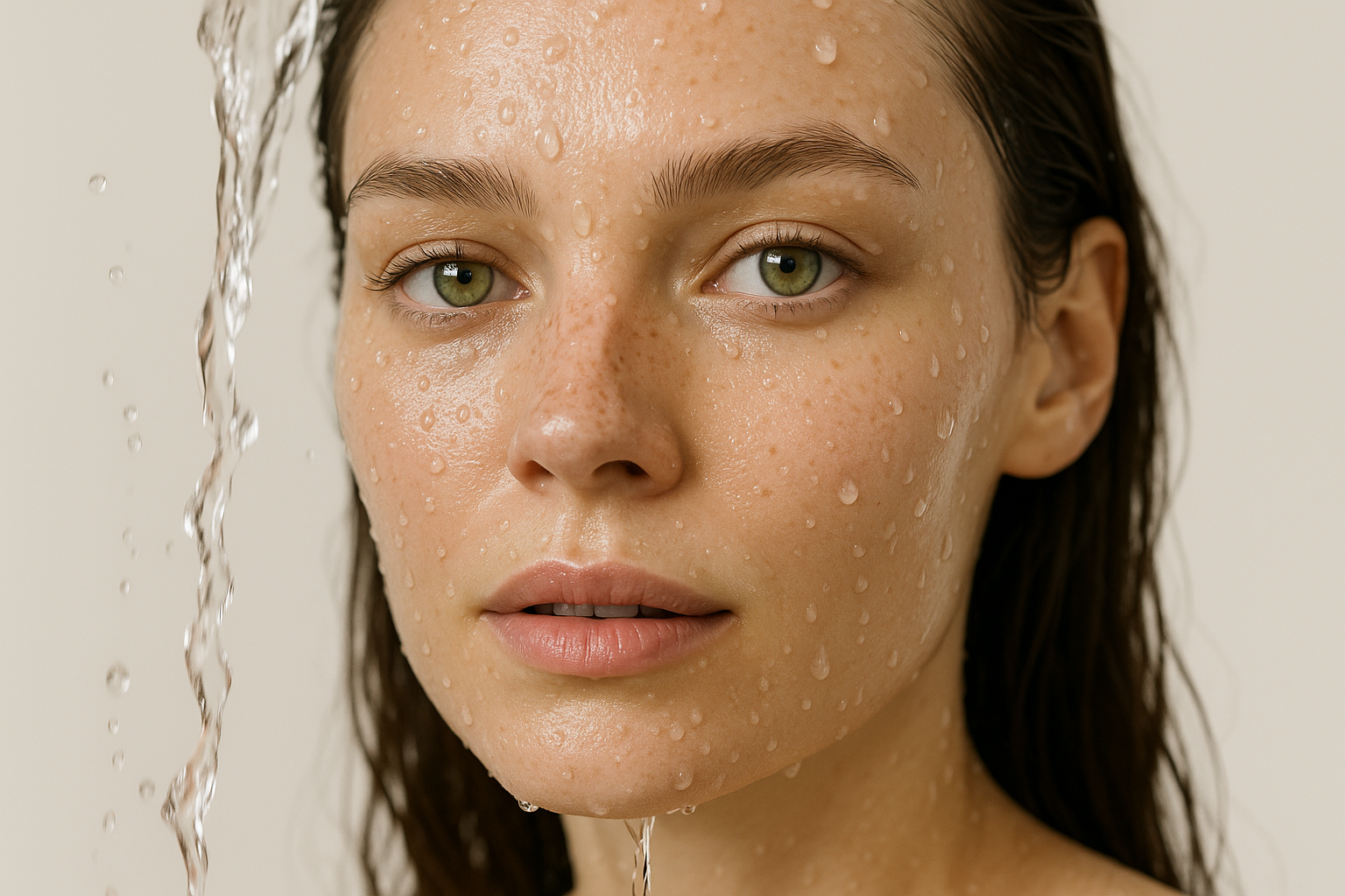 Natural beauty close-up with green eyes and realistic water